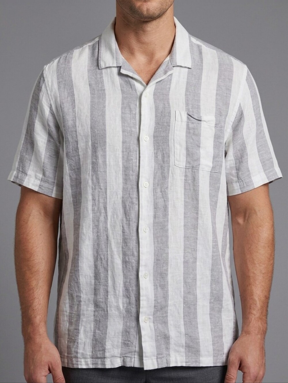 Mutual Weave Men’s Striped Linen-Blend Short Sleeve Button Down Shirt - 1XLT